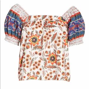 Joie Cleona Cotton Top Puff Sleeves floral square neck ruffle brunch smocked L